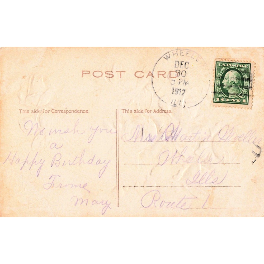 Vintage 1912 Birthday Greetings Postcard Pink Roses Green Vase Wheeler IL Stamp - Picture 2 of 2